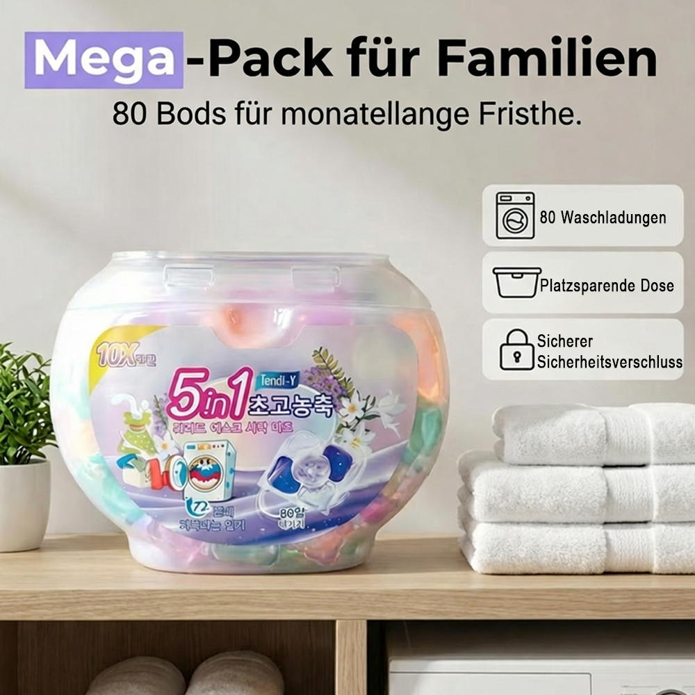 🌸🧺 5-in-1 Waschmittelkapseln mit weißem Moschus – entfernt Flecken & schont Fasern ✨💧 80 Stück, langanhaltend frisch, ideal für Haushalt & Reise.