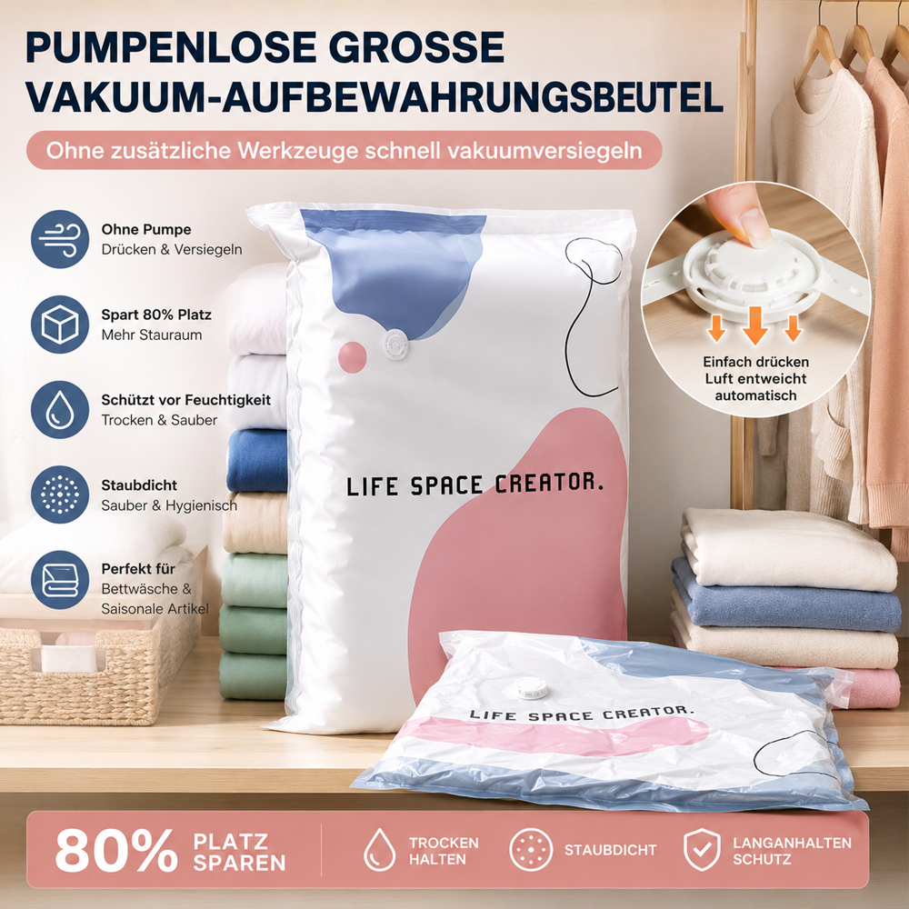 🧳💨 50 % Rabatt! Vakuum-Aufbewahrungsbeutel ohne Pumpe – Drücken und versiegeln, keine Pumpe erforderlich. Spart 80 % Platz, hält Kleidung trocken und staubfrei. Ideal für voluminöse Bettwäsche und saisonale Ausrüstung. 🛏️🗄️