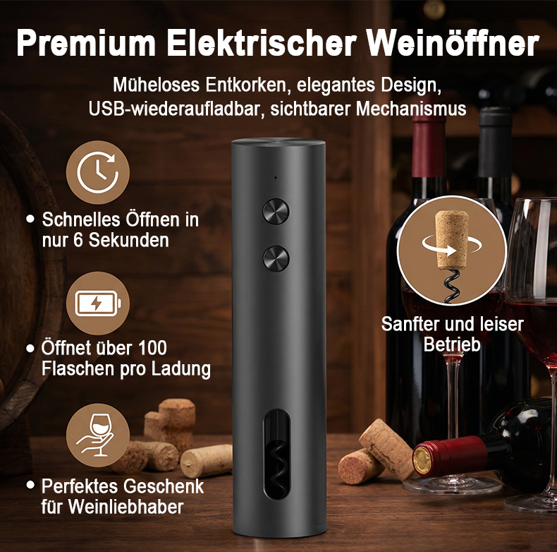 🎉Neujahrsdeal! 50% Rabatt✨automatischer elektrischer Weinöffner – ein-Knopf Bedienung, USB-aufladbar, leise & kraftvoll, öffnet Flaschen mühelos für Zuhause & Partys -Remifa®