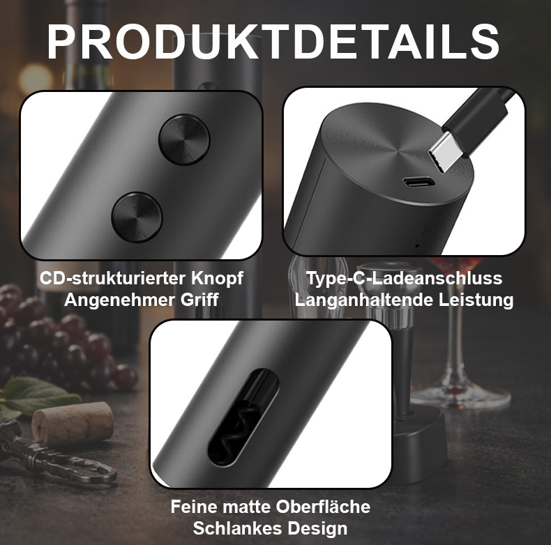 🎉Neujahrsdeal! 50% Rabatt✨automatischer elektrischer Weinöffner – ein-Knopf Bedienung, USB-aufladbar, leise & kraftvoll, öffnet Flaschen mühelos für Zuhause & Partys -Remifa®