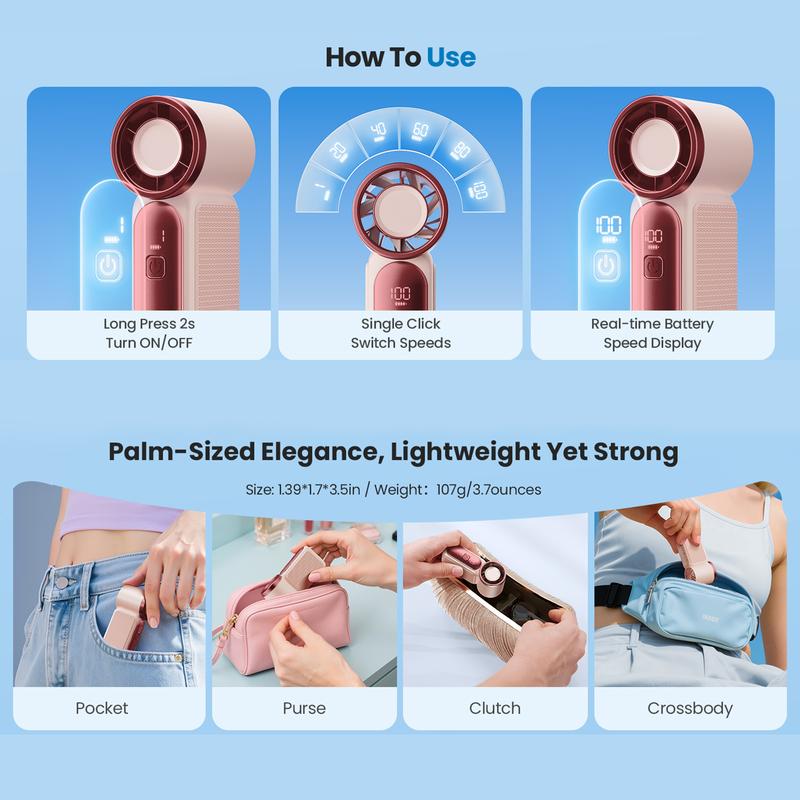 💨Mini-Handventilator mit LED-Anzeige –👍5-stufiger Turbo-Ventilator im Taschenformat.✨Über USB aufladbar, schnelle Kühlung für Reisen und beim Schminken. Das perfekte Geschenk.  Tragbare Kühlung